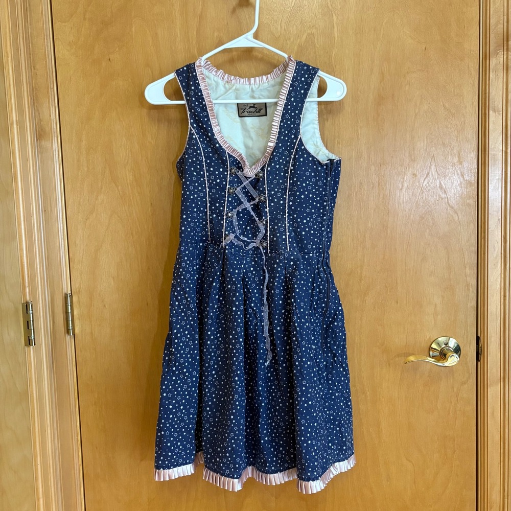 Trachtl Dirndl Dress Women Size 40 Blue Star‎ Print Pink Trim Pinafore Style